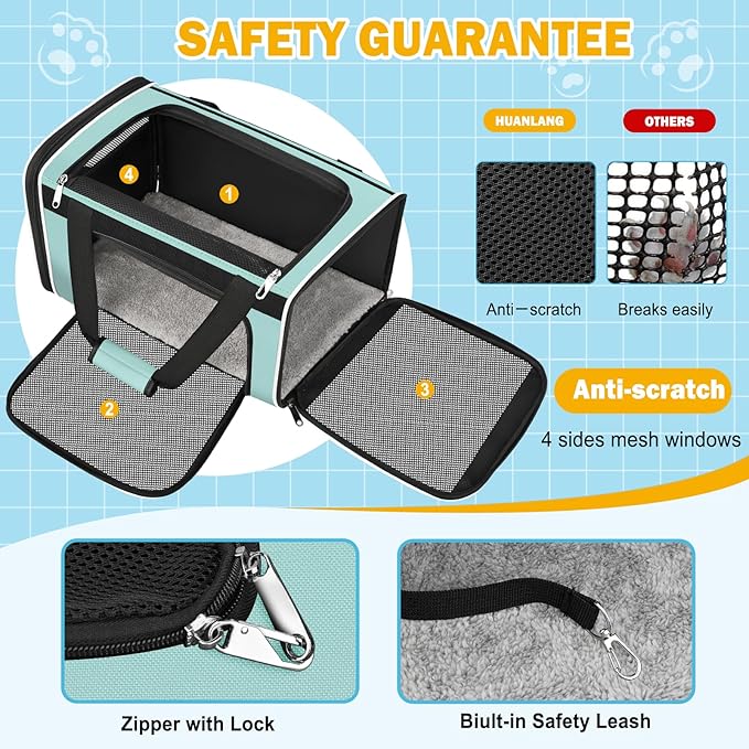 HUANLANG Large Cat Carrier Travel Soft Sided Pet Carrier Airline Approved | Dog Carriers for Small Dogs Medium Cats,Collapsible,3 Storage,zipper lock,Reflective strips,Luggage Strap, Up to 15 Lbs - Image 4