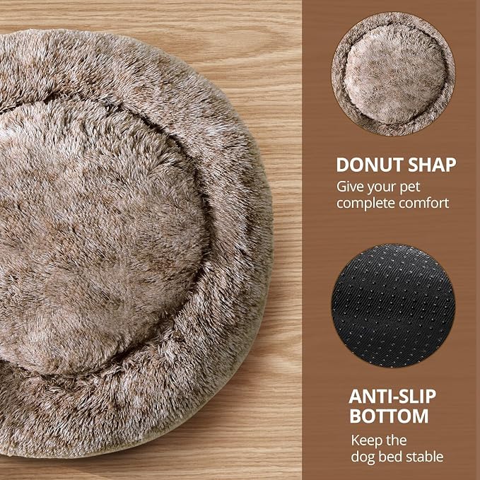 JOLLYVOGUE Calming Dog Bed Medium Size Dog, 31in Donut Washable Medium Pet Bed, Anti-Slip & Anti-Anxiety Fluffy Faux Fur Round Dogs Bed, Fits up to 45 lbs Pets (Smoke Brown) - Image 3
