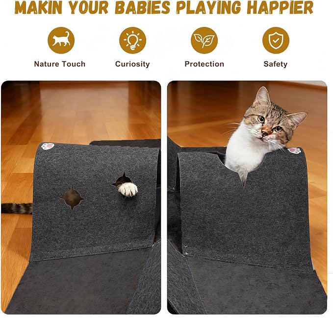 35.4" Cat Tunnels for Indoor Cats, Multi-Entrance Cat Toys, Grey | 4 Way Felt Interactive Pet Toy with Hidden Ball, Enrichment Activity Rug, Collapsible Cave for Kittens & Small Pets - Image 4