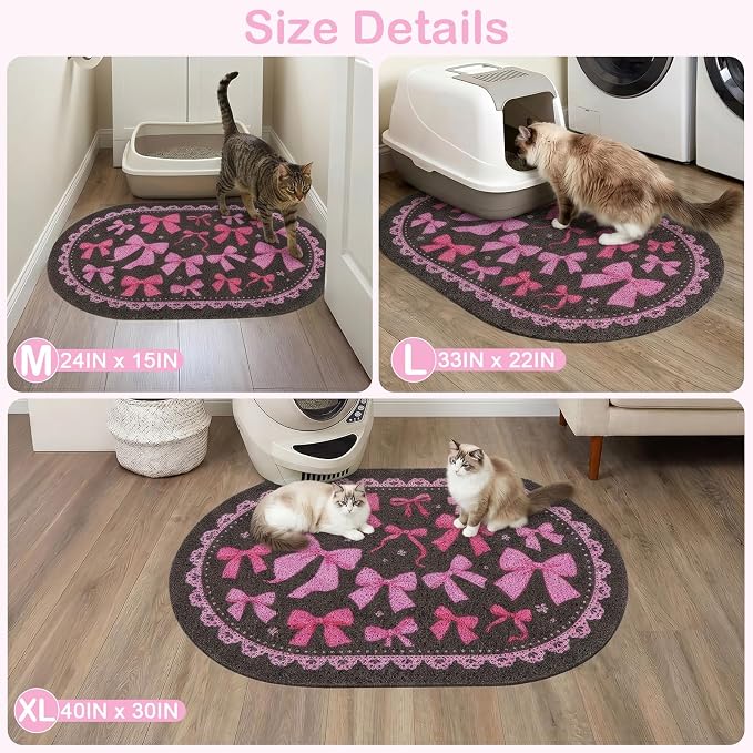 Bienbee Cat Litter Mat, 24" x 15" Litter Box Mat Rug with Non-Slip Bottom,Urine and Water Proof, Easy to Clean Cat Supplies Essentials for Indoor Kitty Kitten Floor, Pink Bow M - Image 7