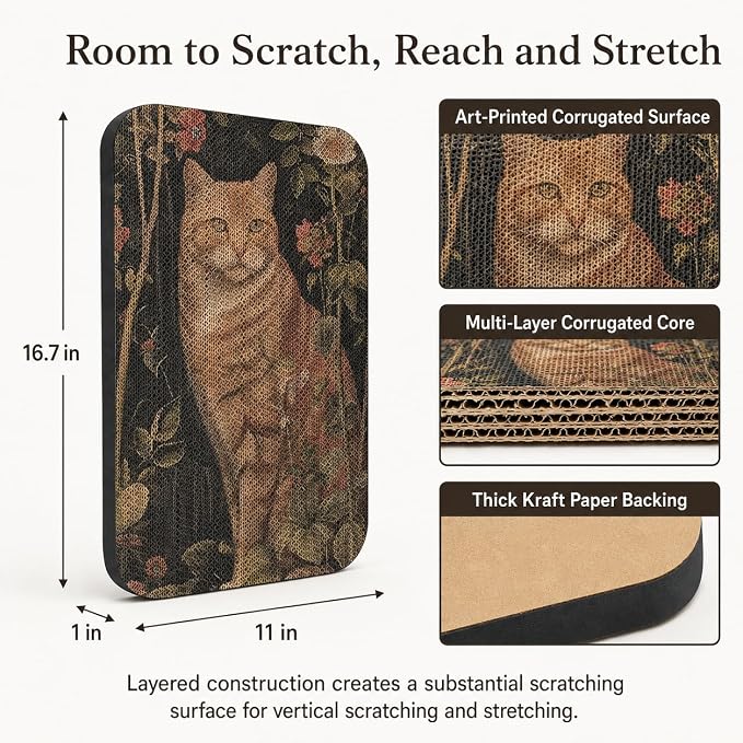 Cat Wall Scratcher, Art Cat Scratching Board for Indoor Cats | Wall Mounted Cat Scratch Pad, Water-Based Ink, Hook&Loop Strips, Floor or Wall Use, 16.7x11x1 Inch, Orange cat - Image 2