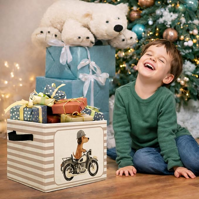 Motorcycle Dog Storage Bin, Beige Stripe Foldable Fabric Basket | Cute dog rider collapsible fabric organizer for nursery, bedroom, playroom, toys, books, and clothes - Image 7