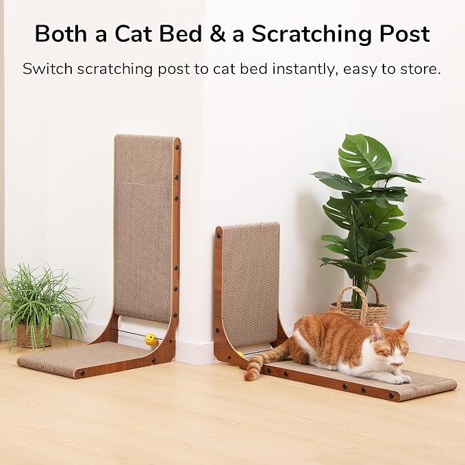 FUKUMARU Cat Scratcher for Indoor Cats, 26.8 Inch Cat Scratch Pad L Shaped | 2 Packs Cardboard Cat Scratcher, Vertical Cat Scratching Board with Ball Toy, Walnut Color - Image 5