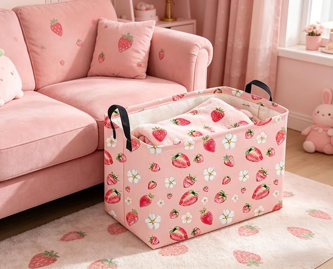 Sanjiaofeng Rectangular Strawberry Storage Baskets Baby Girl Basket Kids Baby Storage Basket Waterproof Collapsible Storage Bin Cute Organizer Box Girl Room Decor(Strawberry) - Image 4