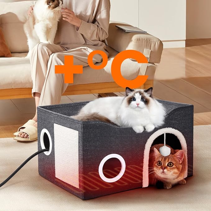 Indoor Heated Cat House, Adjustable Temperature Cat Heating Bed with Timer and Chew Resistant Cord, Large Cat House with Heating Pad for Small Medium and Large Cats - Image 8