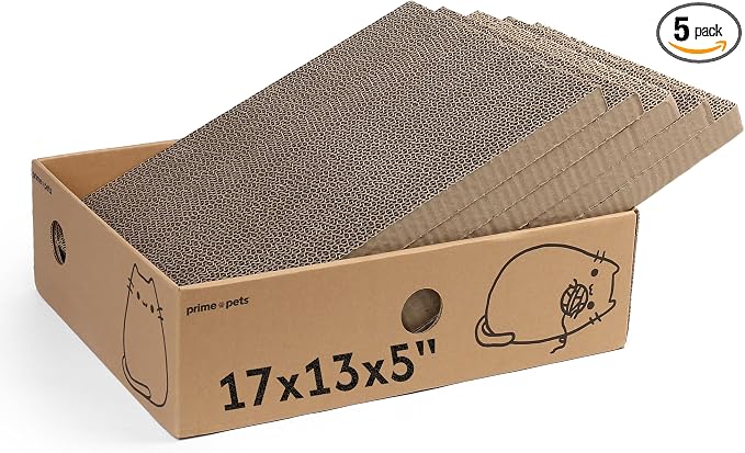 Cardboard Cat Scratcher Box XL, 5 Pack Pads, Indoor Cats Bed | 17x13x5 Size, Reversible Pads, Smart Hole Design, Catnip Included, Low Mess, Furniture Protection, Multi-Cat Friendly by PrimePets