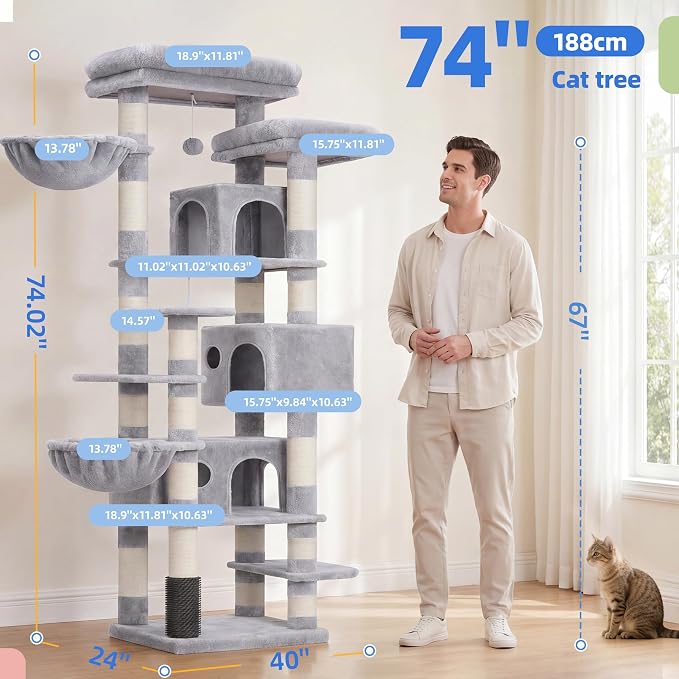Hey-brother Cat Tree, Multi-Level Tower with 3 Condos, Hairbrush, MPJ035-MW | 74 Inches XL Large Scratching Posts for Indoor Cats and Kittens, 2 Wide Platforms, 2 Plush Baskets, Toy Balls, Light Gray - Image 2
