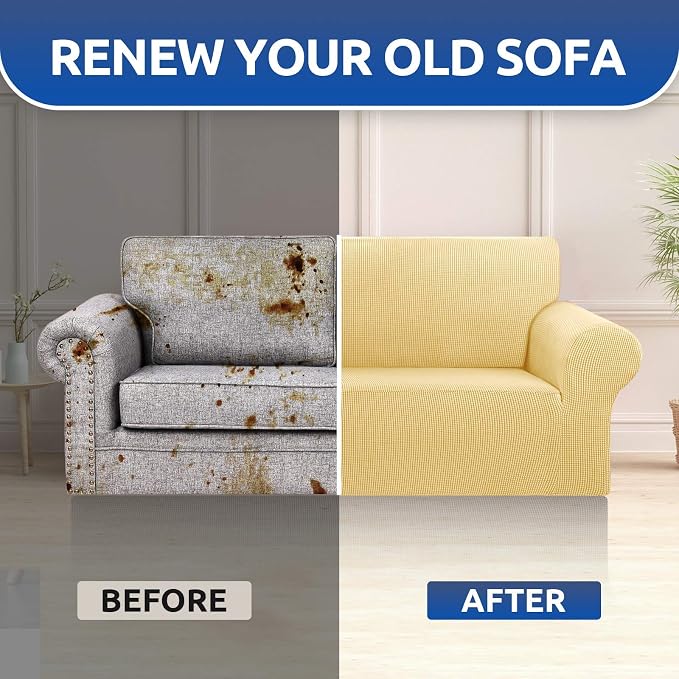 KEKUOU Stretch Loveseat Couch Cover, 2 Cushion Couch Slipcover,Champagne | 1-Piece Washable Sofa Cover Pet Friendly (55"-78") Furniture Protector Soft Jacquard, Elastic Bottom for Dogs & Kids - Image 7