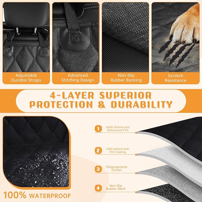 Dog Car Seat Cover for Back Seat 100% Waterproof, Long-Lasting and Soft Nonslip Backseat Dog Cover for Cars, SUVs and Trucks, 600D Oxford Fabric, Black, Standard (54" W x 59" L) - Image 5