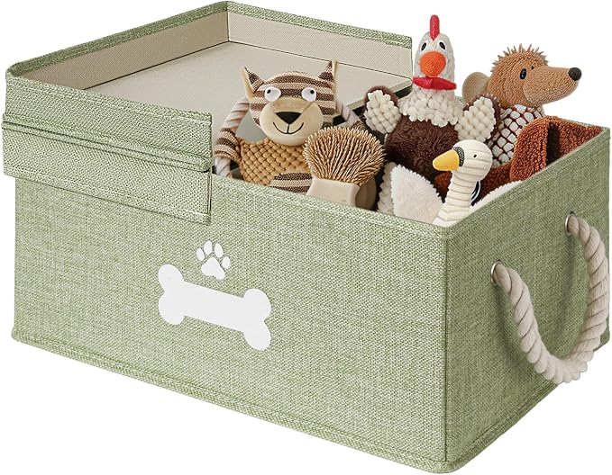 Dog Toy Basket with Double-Open Lid, Divided Dogs Basket for Toys, Collapsible Pet Toy Box, Dog Storage Organizer with 2 Divided Area, Puppy Toys Baskets with Rope Handles, Green by GreenPetopia