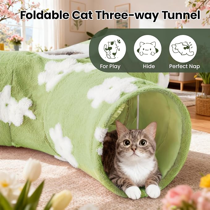 Tempcore Flannel Cat Tunnel for Indoor Cats, 3 Way Collapsible Pet Play Tunnel with Teaser Wand, Peek Holes & Hanging Ball, Interactive Tube for Kittens & Rabbits, Daisy Green - Image 4