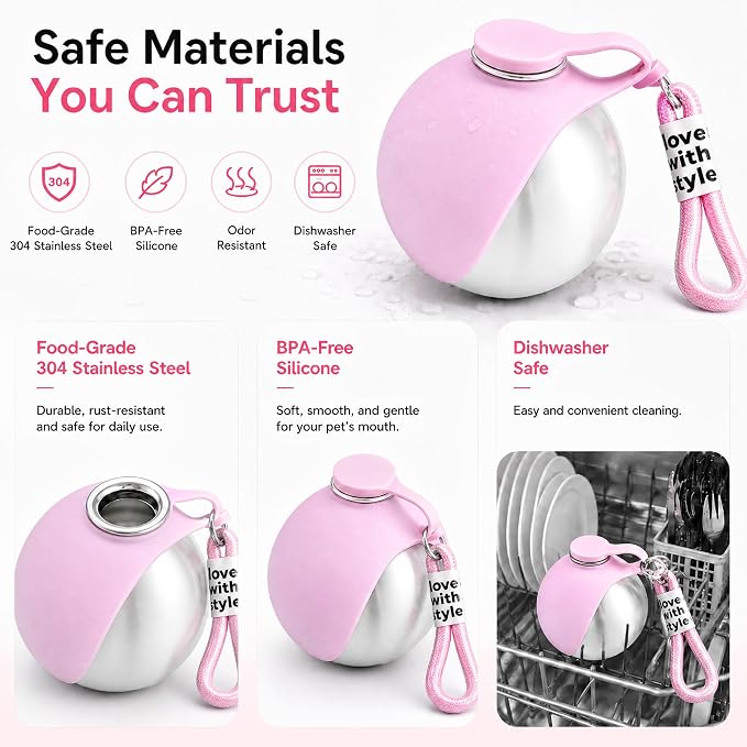 Portable Dog Water Bottle for Walking, 10oz Stainless Steel Pet Water Dispenser with Foldable Silicone Bowl, Leak-Proof Puppy Water Bottle for Small Dogs&Cats,Travel Hiking Outdoor Use(Pink) - Image 3