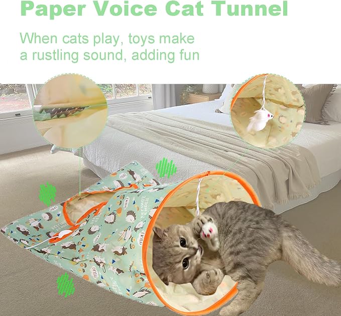 Cat Tunnel Bag for Indoor Cats, Foldable Pet Tunnel Crinkle Sack Bag with a Little Mouse & 3 Toy Ball, Portable Crinkle Paper Interactive Hide and Seek Cat Toys (Green) - Image 4