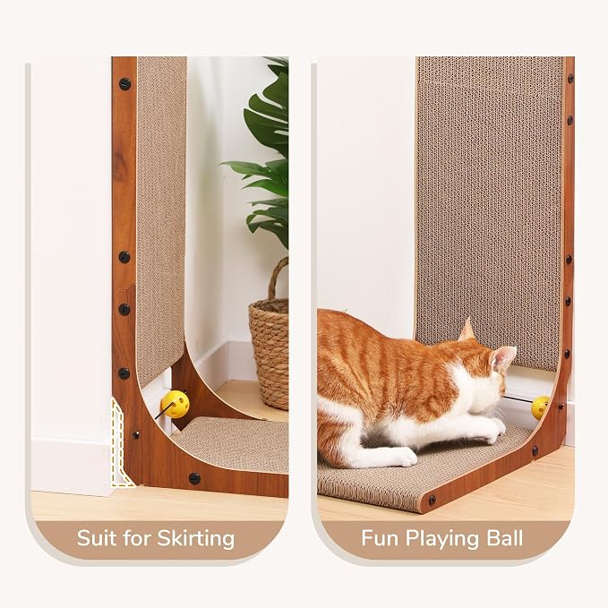 FUKUMARU Cat Scratcher for Indoor Cats, 26.8 Inch Cat Scratch Pad L Shaped | 2 Packs Cardboard Cat Scratcher, Vertical Cat Scratching Board with Ball Toy, Walnut Color - Image 4