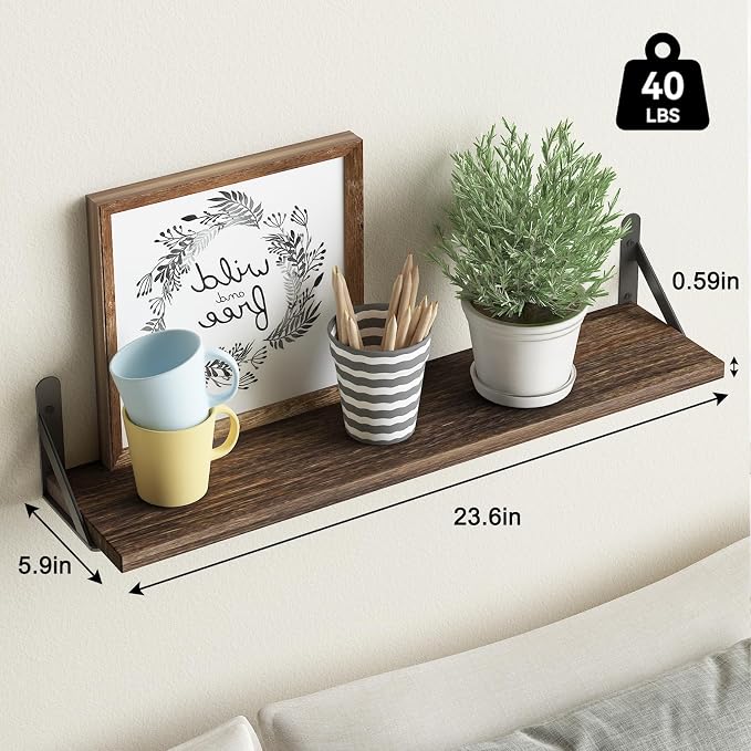 YGEOMER 23.6in Floating Shelves for Wall Home Decor, Wood, Brown, Set of 6 | Rustic wood shelves with metal brackets. Space-saving for books & decor. Works in bathroom, kitchen, living room & bedroom. - Image 3
