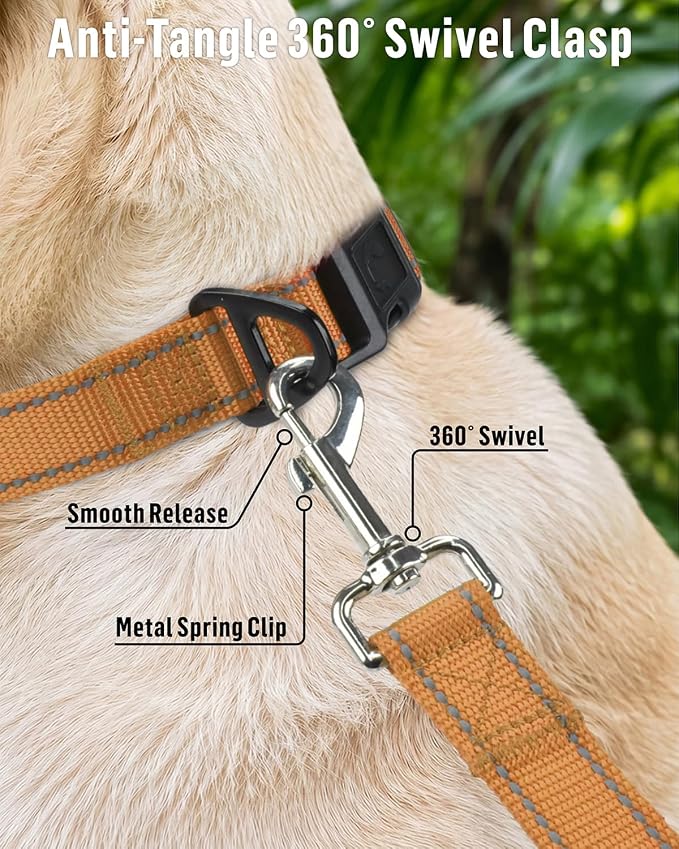 FunTags Reflective Nylon Dog Leash for Medium & Large Dogs, 6FT for Walks | Comfortable Padded Grip, Stay Safe at Night, 360° Anti-Tangle Swivel, for Dog Parks & Trails, Khaki - Image 4