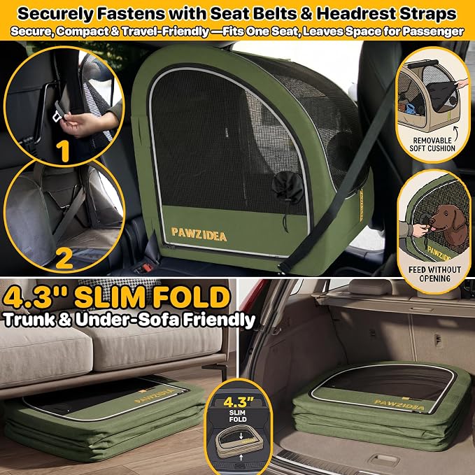 PAWZIDEA Portable Dog Crate for Car Travel, Medium & Large Dogs Up to 80lbs | Soft-Sided Dog Car Kennel for Backseat, Secures Seatbelt & Headrest Strap, Collapsible Enclosed Car Seat Carrier, Chew-Proof - Image 4
