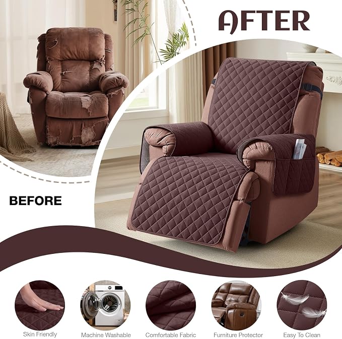 KinCam 100% Waterproof Recliner Chair Covers Washable, 25", Coffee | Anti Slip Reclining Couch Covers for Pets Dog, Recliner Sofa Slipcover Storage Pocket, Furniture Protector with Elastic Strap - Image 6