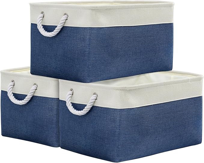 TheWarmHome Organization and Storage Basket for Organizing - X Large 3 Pack 17.7L×13.8W×9.8H in Collapsible Storage Bin for Shelves, Basket for Gifts Empty Toys Organizer Gift (White & Jean Blus) by TheWarmHome