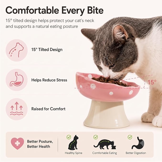 Pink Mushroom Cat Bowl, Elevated Ceramic Feeding Bowl | Elevated, Ceramic, Tilted Design, Whisker-Friendly, Dishwasher Safe, cute - Image 4