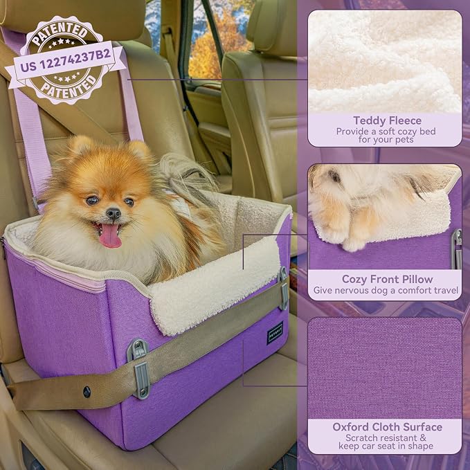 PETSFIT Small Dog Car Seat – Patented Safety Buckles – Safety Tether – Foldable Travel Dog Booster Car Seat Reduces Anxiety & Road Trips – Stable Frame, Soft Cushion, Fits Front/Back Seat (Purple) - Image 5