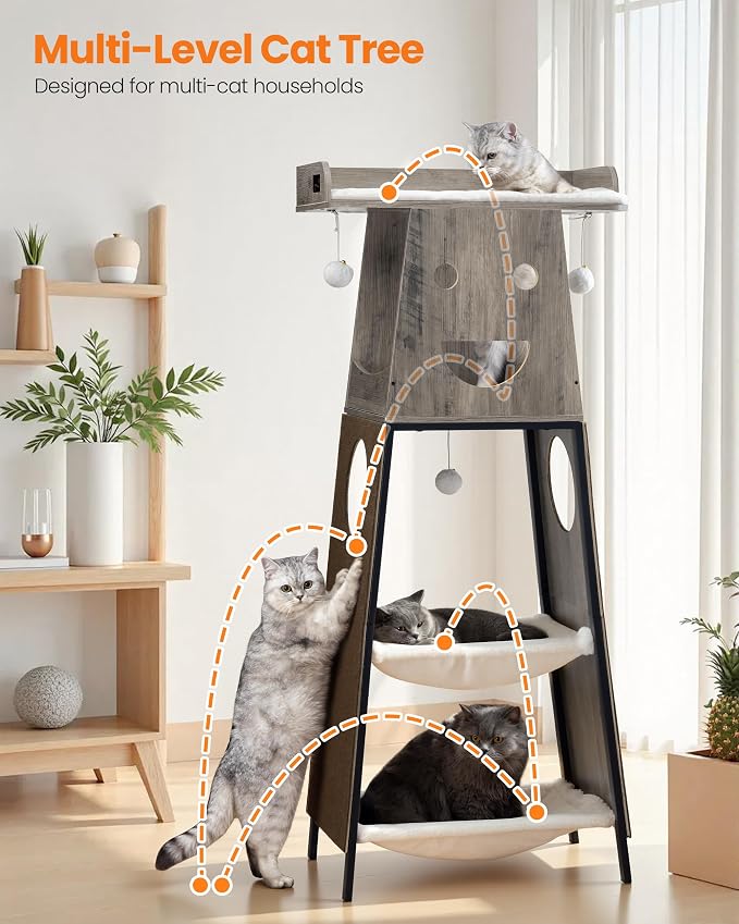 56in Modern Wood Cat Tree Tower for Indoor Cats with Hammock | Multi-Level Climbing Design, 2 Spacious Hammocks, Top Perch, Cat Condo, Scratching Boards, Ideal for Multi-Cat Homes,Greige - Image 5