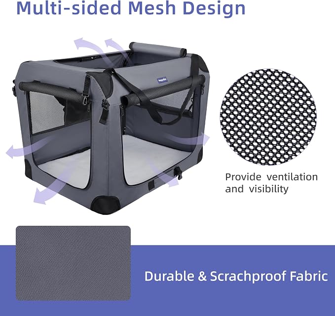 Petprsco Collapsible Dog Crate, 40 inch Portable Dog Crates for Large Dogs | Large Soft Foldable Dog Crate & Kennel for Travel, 3-Door with Sturdy Steel Frame & Durable Mesh Windows, Indoor/Outdoor - Image 4