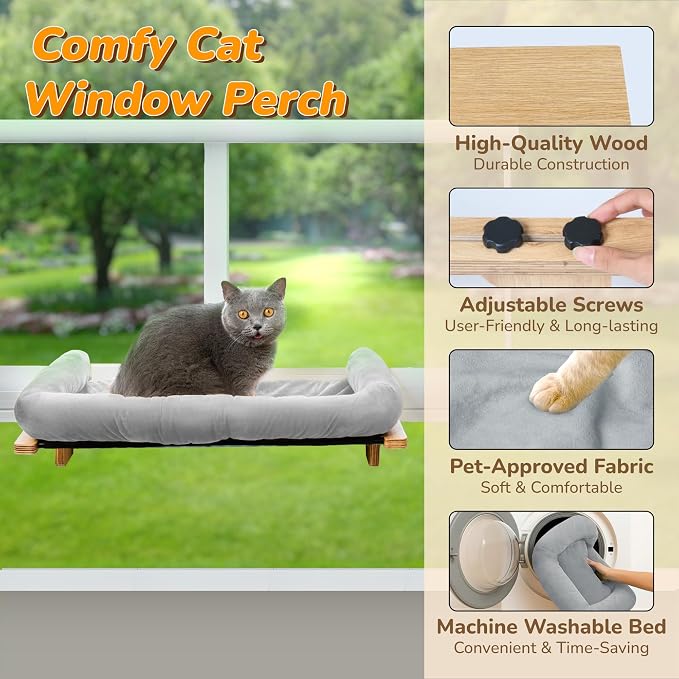[Ready to Gift] PURRHOUSE Cat Window Perch with Cushion Bolster and Cool Pad, Cat Hammocks for Windows with Wood & Robust Metal Frame for Large Cats, Beds for Windowsill, Bedside and Cabinet,24''W - Image 2