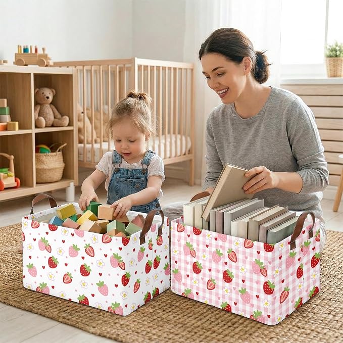 Britimes Strawberry Storage Baskets for Gifts, Toy Storage Bins Box, 3 Pcs | Cute Strawberry Canvas Collapsible Baskets Organizer with Handles Pink Nursery Decor Laundry Basket for Shelves Closet - Image 7