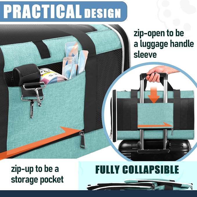GAPZER Large Cat Carrier Soft, Collapsible Travel Pet Carry Bag, Small Dogs | Big Kitten Cat 20lbs Mainecoon, Top Open Travel Shih-Tzu Pet Kennel, Yorkie Small Dog 10 Pounds, 18x12x12, Durable Cloth Teal - Image 6