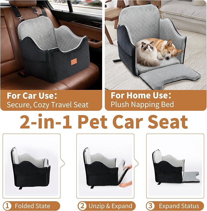 XEEP Dog Car Seat Bed for Small/Medium Dogs Up to 35 lbs, Memory Foam | 2-in-1 Design, Includes Blanket & Urine Pad, 2 Height-Adjust Cushions, Two Safety Tethers, Machine Washable Cover(Black/Grey) - Image 2