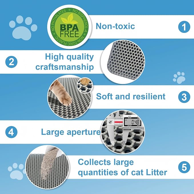 Honeycomb Cat Litter Mat, Double Layer, 23.4"x14.7", Gray | Durable Cat litter box mat, ultra-soft BPA-free non-toxic EVA, non-slip urine-proof base, easy-clean, washable, traps litter - Image 6