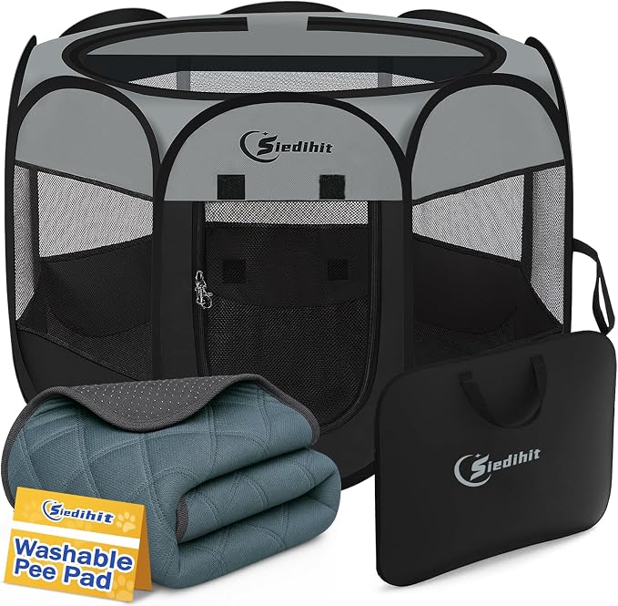 Siedihit Dog Cat Playpen with Washable Pee Pad, Puppy Pet Playpen | Indoor for Small Dog Crate Tent Cage Outdoor, Portable Pop Up Dogs Enclosure Kennel with Carrying Case,Dark Grey by Siedihit