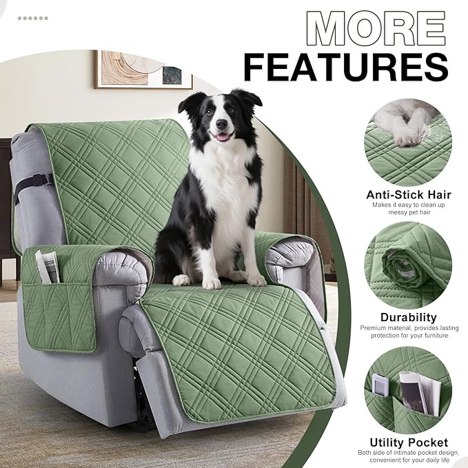 TAOCOCO Waterproof Recliner Chair Covers 30 Inch Wide, Oversized Recliner Covers for Recliner Chair with Pocket, Recliner Slipcovers with Straps Furniture Protector for Kids Pets (30'', Bean Green) - Image 5