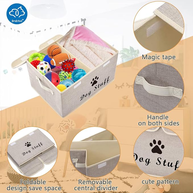 Large Dog Toys Storage Box Canvas Storage Basket Bin Organizer with Lid - Collapsible Linen Bin Ideal for Organizing Dog Cat Toys and pet Stuff-PP Boad-17" x 12" x 10" - Beige - Image 2