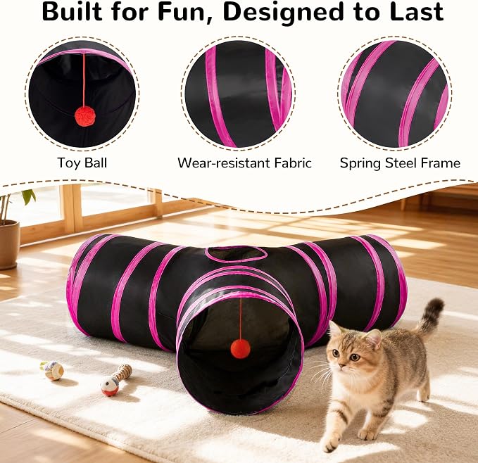 Tempcore Cat Tunnel for Indoor Cats, 3 Way Collapsible Pet Play Tunnel with Teaser Wand, Peek Holes & Hanging Ball, Interactive Tube for Kittens & Rabbits, Black & Rose Red - Image 7
