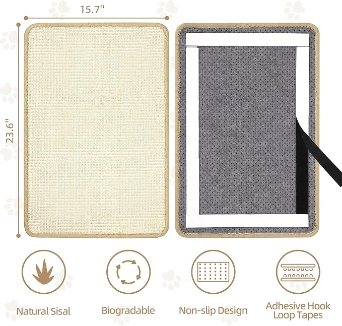Graciadeco White Cat Scratching Mat Sisal, 2 Packs Sisal Fabric Large Cat Scratching Pad for Indoor Cats with Adhesive Hook Loop Tape, Wall Scratchers for Indoor Cats 23.6" x 15.7" - Image 2