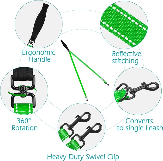 PetBonus Two Point Control Dog Leash, No Tangle Training Walking Leashes | Soft Padded Handle, Reflective, Works with No Pull Harnesses, Converts to Single Lead for Medium Large Dogs, Grass Green - Image 3