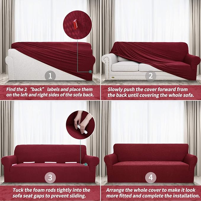 YEMYHOM Couch Cover Latest Jacquard Design High Stretch Sofa Covers for 3 Cushion Couch, Pet Dog Cat Proof Slipcover Non Slip Magic Elastic Furniture Protector (Sofa, Christmas Wine Red) - Image 6