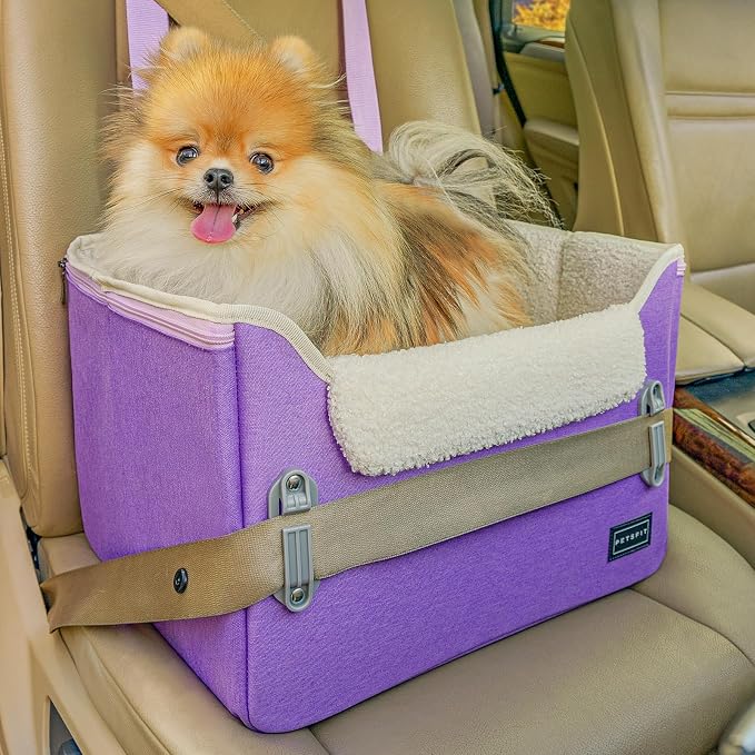 PETSFIT Small Dog Car Seat – Patented Safety Buckles – Safety Tether – Foldable Travel Dog Booster Car Seat Reduces Anxiety & Road Trips – Stable Frame, Soft Cushion, Fits Front/Back Seat (Purple) by Petsfit