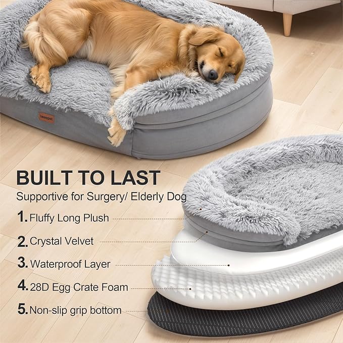 iweepet Fluffy Calming Orthopedic Dog Beds for Large & Extra Large Dogs, Supportive Dog Sofa Bed with 3.7 inch 28D Egg-Crate Foam, Removable Washable Plush Cover, Waterproof Lining,44’’,Grey - Image 8