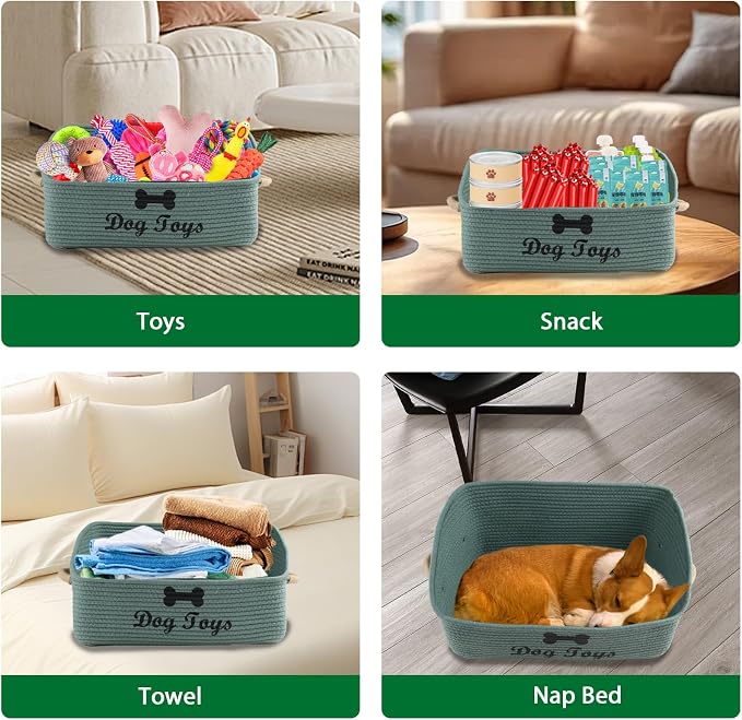 Dog Toy Basket-100% Cotton Rope Dog Toy Bin for Living Room Area-Trapezoid Pet Toys Box with Sturdy Handle-Puppy Bed-Dog Stuff Organizer for Pet Toys,Collar,Leash,Blanket-Chew Proof -Green - Image 7