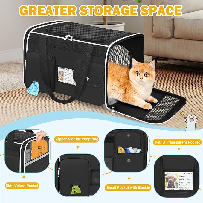 HUANLANG Large Cat Carrier Soft Sided Travel Pet Carrier Airline Approved | Dog Carriers for Small Dogs Medium Cats,Collapsible,3 Storage,zipper lock,Reflective strips,Luggage Strap,Up to 15 Lbs, Black - Image 3