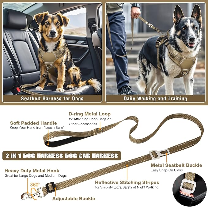 Tactical Dog Harness and Leash Set Small Sized Dog+10 Dog Patches | Adjustable No Pull Service Animal Dog Vest with Dog Seat Belt,Padded Handles,Reflective Easy Walk for Training Hiking Brown S - Image 5