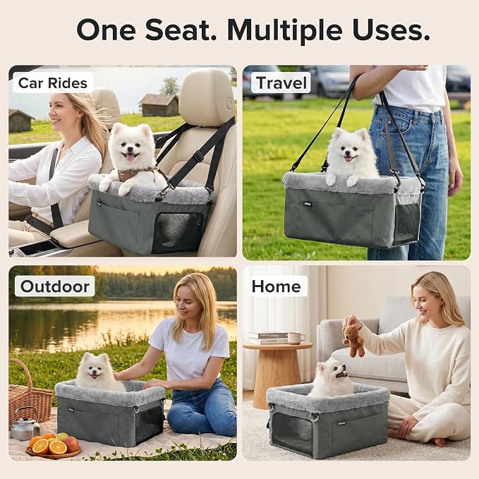JOEJOY Deluxe Dog Booster Seat with Sturdy Metal Frame and Safety Leash for Small Pets up to 20 lbs - Portable Puppy Dog Car Seat with Thick Cushion and Storage Pockets for Small Dogs - Image 5