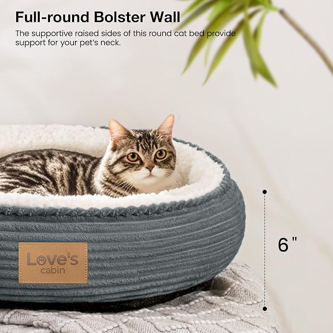 Love's cabin Round Donut Cat and Dog Cushion Bed, 20in Pet Bed for Cats or Small Dogs, Anti-Slip Water-Resistant Bottom, Super Soft Durable Fabric Pet beds, Washable Cat Dog Bed Stripe Bluish Grey - Image 6