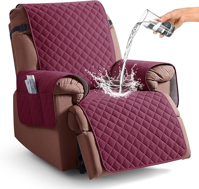 KinCam 100% Waterproof Recliner Chair Covers Washable, 25", Burgundy | Anti Slip Reclining Couch Covers for Pets Dog, Recliner Sofa Slipcover Storage Pocket, Furniture Protector with Elastic Strap by KinCam