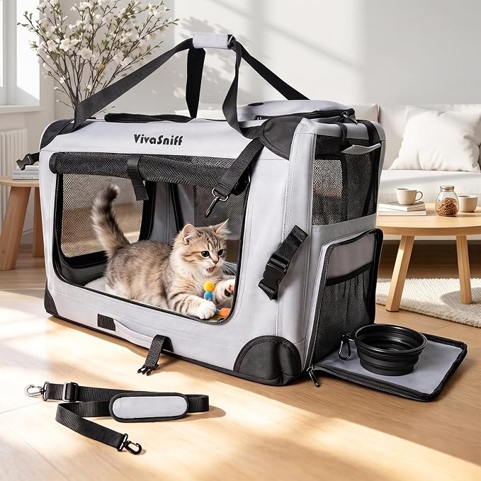 Large Cat Carrier, Foldable Car Travel Dog Crate-Small Dogs | 24" Fits 2 Cats or 1 Small Dog, up to 55 lbs, Soft mat, zipper lock prevents escapes, Foldable Car Travel Pet Crate by VivaSniff