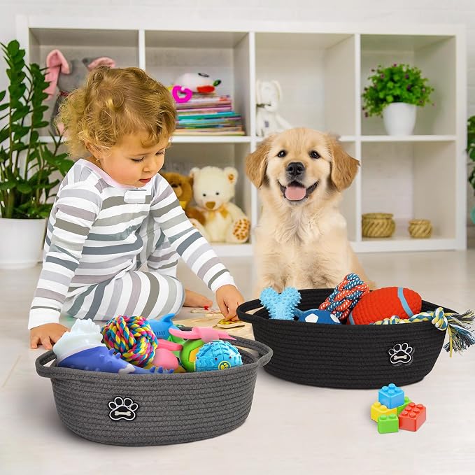 Small Dog Toy Basket, Soft Cotton Rope Dog Cat Toy Bin, Woven Storage Holder for Living Room Nursery, Cats Pet Gift Basket Empty, Decorative Wicker Storage Box with Handle, 13"x 9"x 5" (Grey) - Image 3