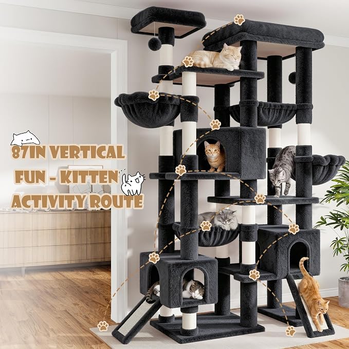 Sha Cerlin 87 in Multi-Level Tall Cat Tree Tower for Large Cats/Extra Wide Feline Activity Center/Sisal Scratching Posts/Wide Base/Cozy Plush Perches/Baskets/Hammocks/Toy Balls/Dark Grey - Image 8